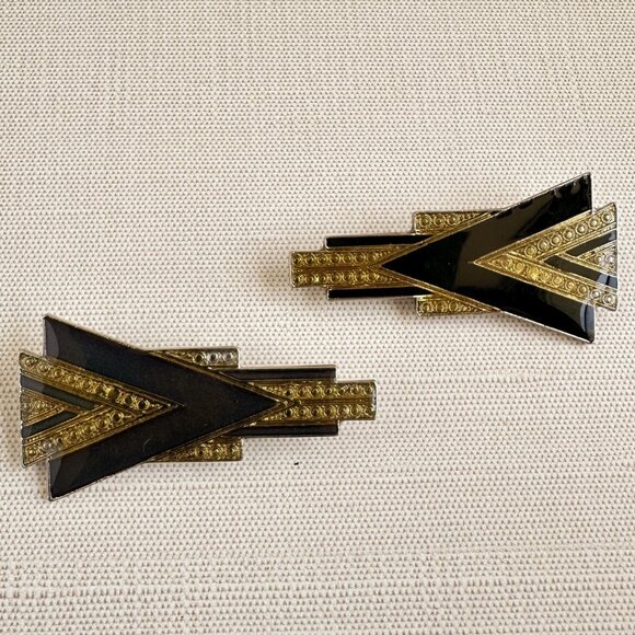 Pair Of Vintage Art Deco Gold & Black Brooches - Picture 5 of 6